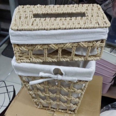 طقم سلة مهملات مع علبة محارم مجدول خيط رتان / قش صناعة يدوية